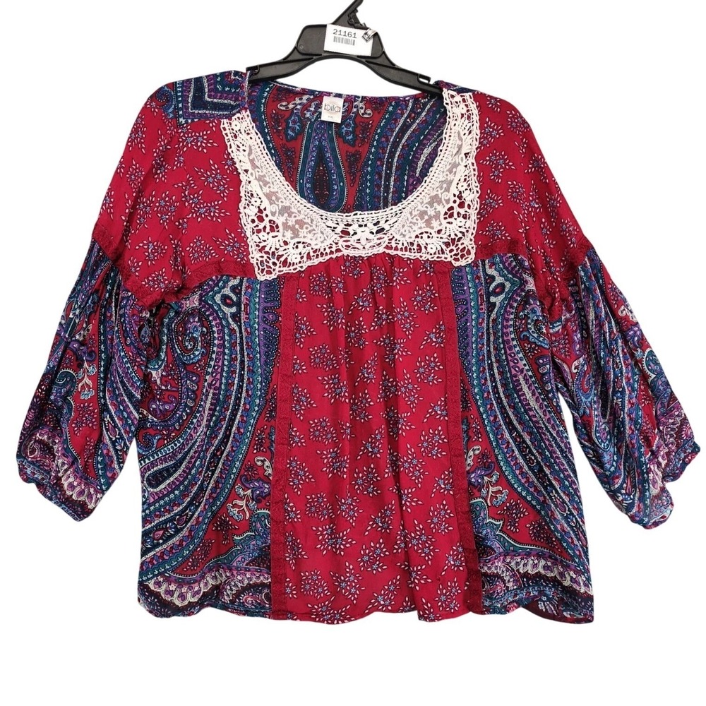 Bila Boho Festival Peasant Blouse Top Sz XXL Balloon Sleeve Chiffon Crochet Lace